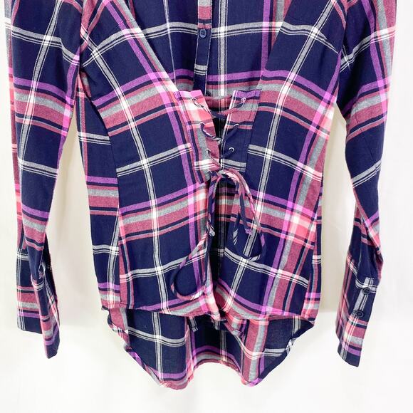 EXPRESS Plaid Checker Lace Up Button Up Long Sleeve Top - Picture 3 of 9